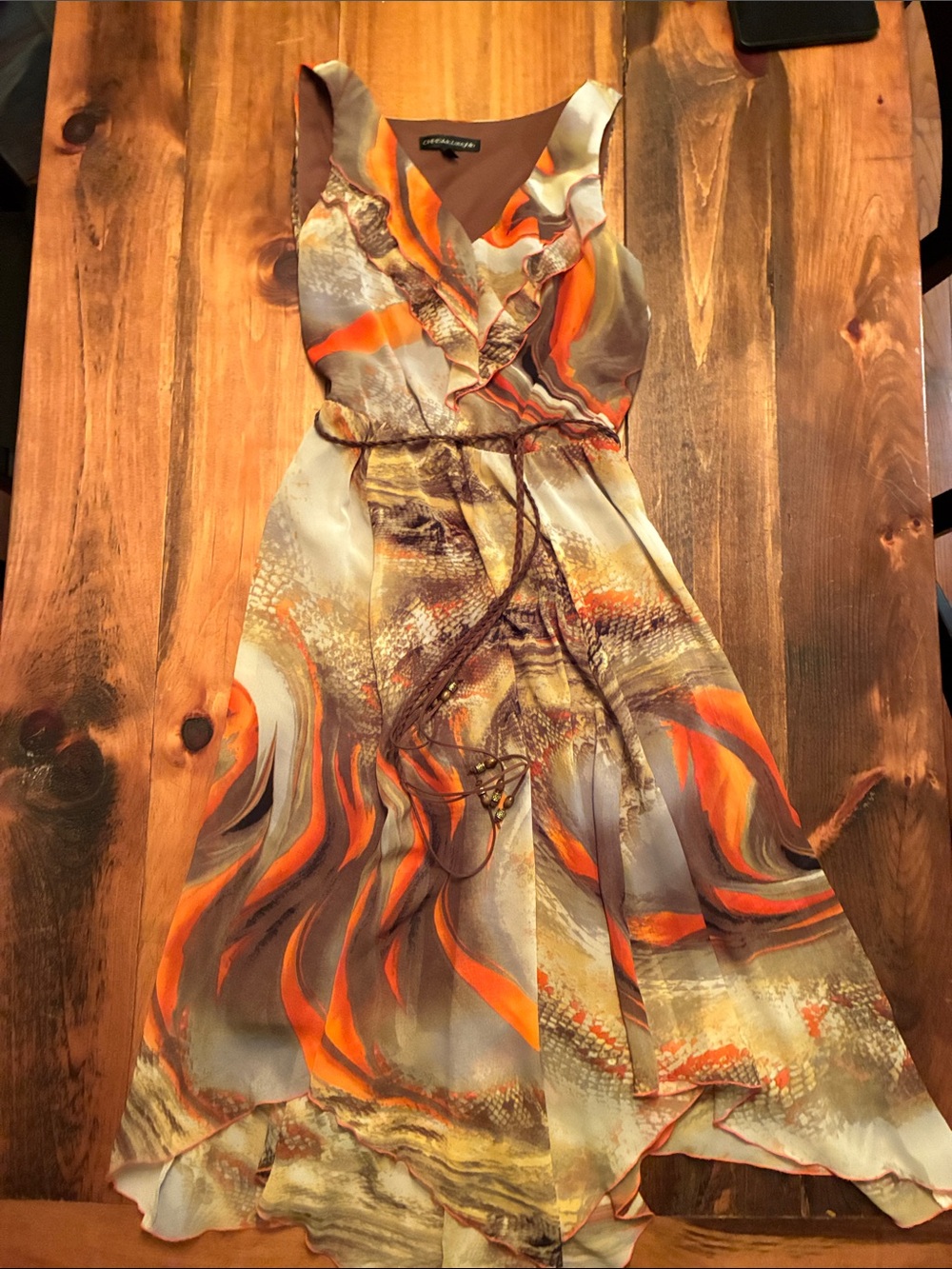 Orange Brown and Gray Asymmetrical Ruffle Dress